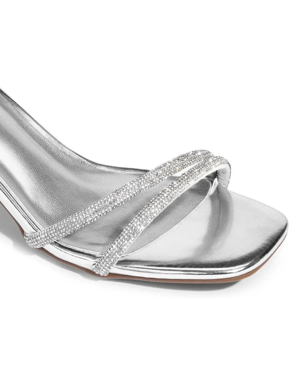 Women's Silver Faux Leather Square-Toe Chunky Block Ankle Buckle Heeled Sandals